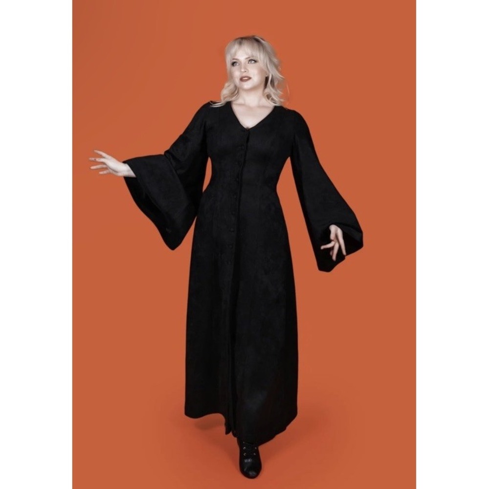 Nwt Lively Ghosts Elvira Dress Black Suede Gothic Maxi Flared Bell Sleeve Sz M